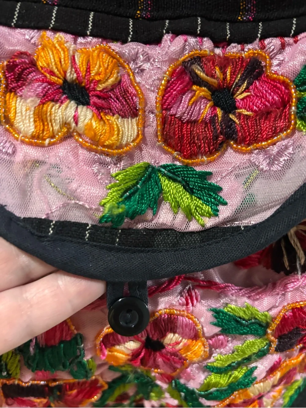 Embroidered Floral Black Hobo Bag with Pink Accents
